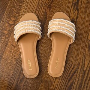 J. Crew Tan Pearl-Strap Slide Sandals